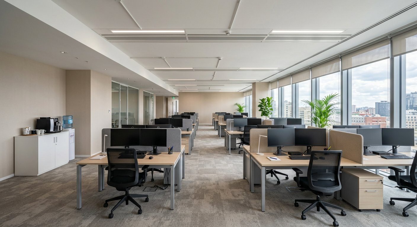 Open space corporativo com papel warm beige