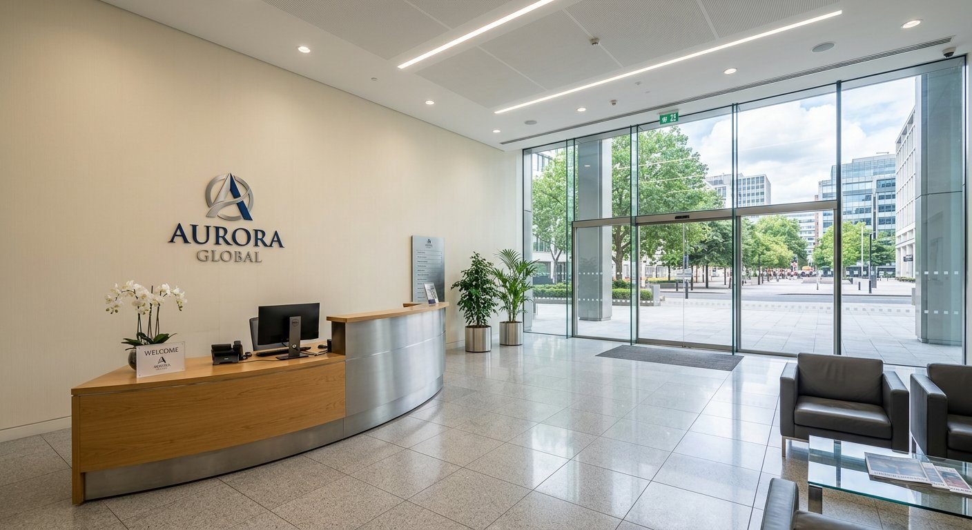 Lobby corporativo com papel liso creme