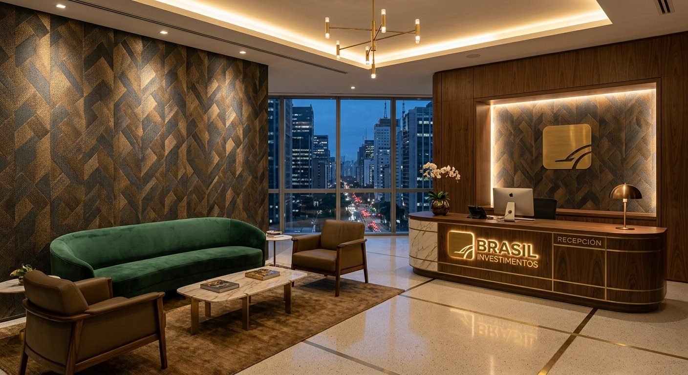 Recepção corporativa com papel geométrico dourado